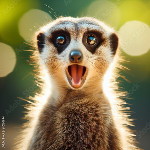 Photo of a Shocked real meerkat on nature bokeh background. ai generative