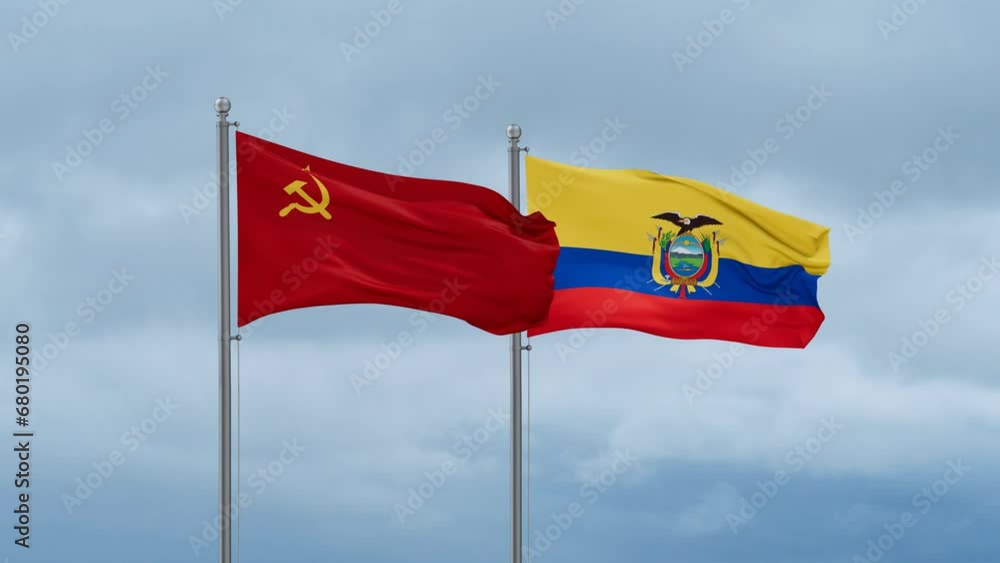 Ecuador flag and Soviet Union or USSR flag waving together on cloudy sky, endless seamless loop, two country relations concept Ecuador flag and Soviet Union or USSR flag waving together on cloudy sky, endless seamless loop, two country relations concept