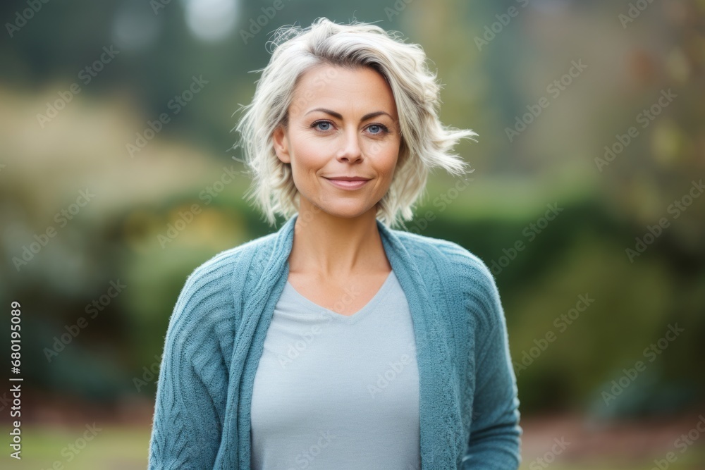 Portrait of a merry woman in her 40s wearing a chic cardigan against a soft teal background. AI Generation Portrait of a merry woman in her 40s wearing a chic cardigan against a soft teal background. AI Generation
