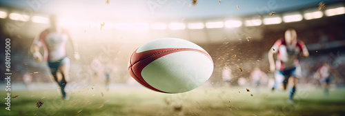 Rugby Ball Soaring in the Stadium Sky, Capturing the Essence of Thrilling Rugby Action, mockup concept in panorama view, rugby players running in the background  photo