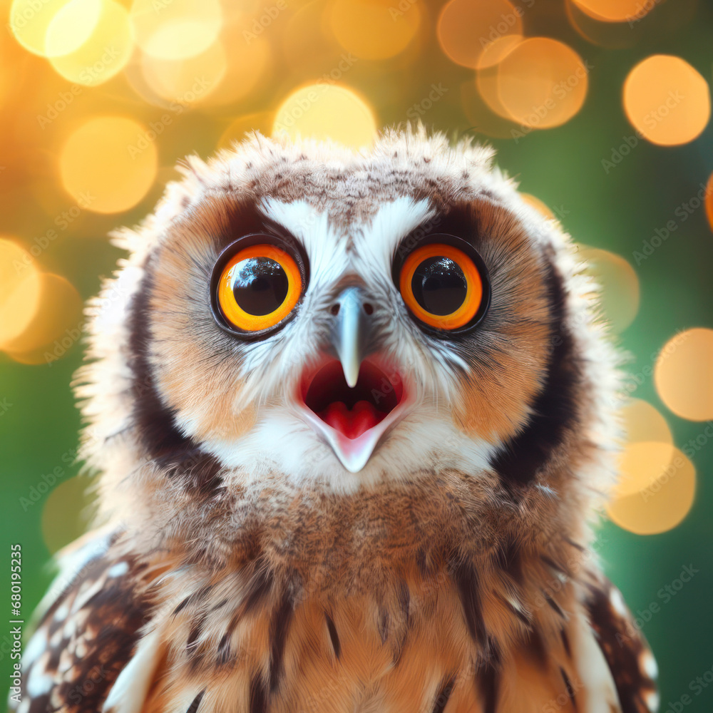 Photo of a Shocked real owl on nature bokeh background. ai generative Photo of a Shocked real owl on nature bokeh background. ai generative
