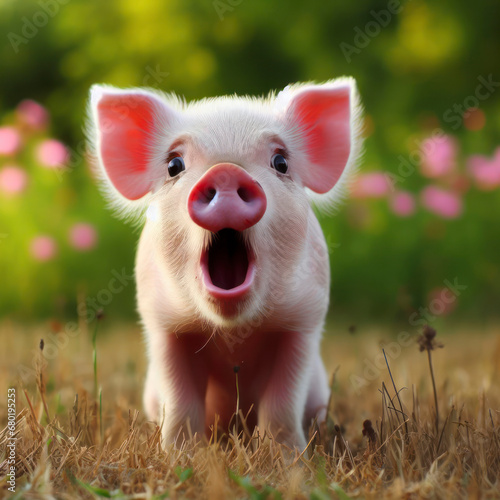 Photo of a Shocked real pig on nature background. ai generative