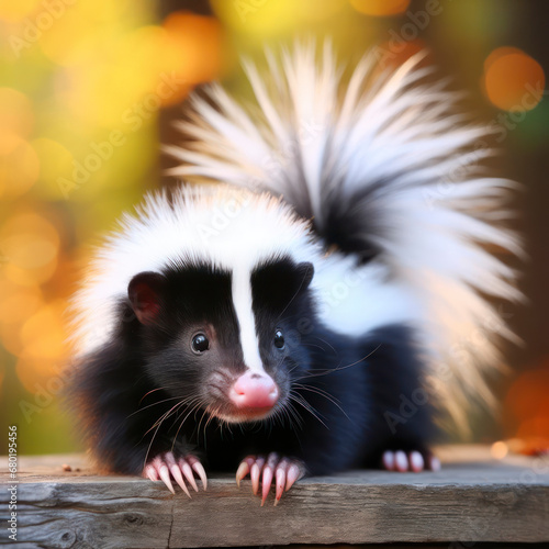 Photo of a Shocked real skunk on nature bokeh background. ai generative