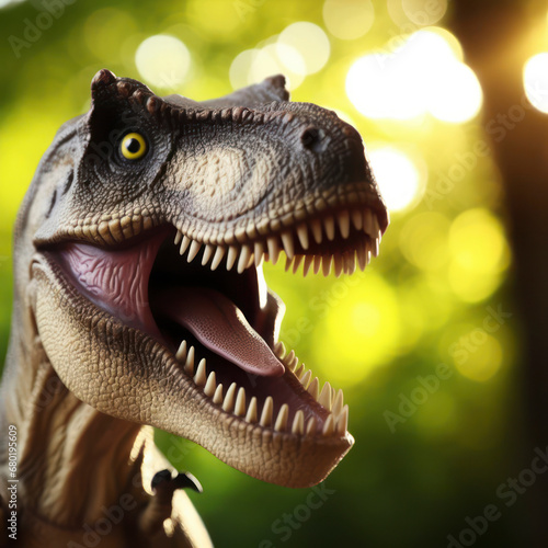 Photo of a Shocked real T-Rex on nature bokeh background. ai generative