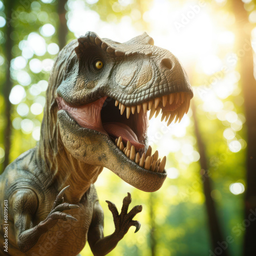 Photo of a Shocked real T-Rex on nature bokeh background. ai generative © Igor