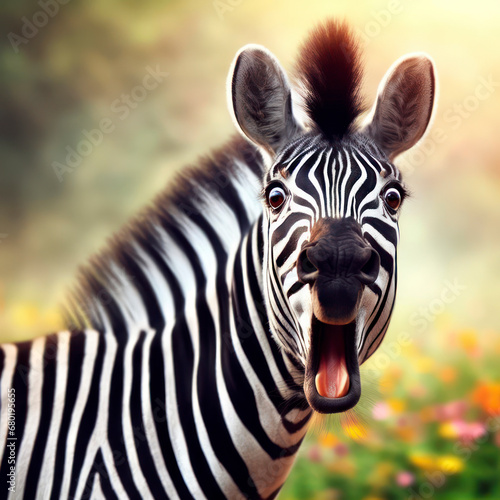 Photo of a Shocked zebra on nature background. ai generative