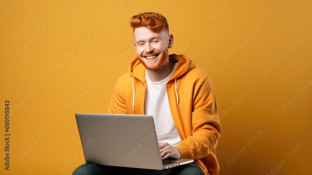 Smiling cheerful smart young ginger man wearing casual teenage clothes using laptop computer pose looking at camera isolated color background Smiling cheerful smart young ginger man wearing casual teenage clothes using laptop computer pose looking at camera isolated color background