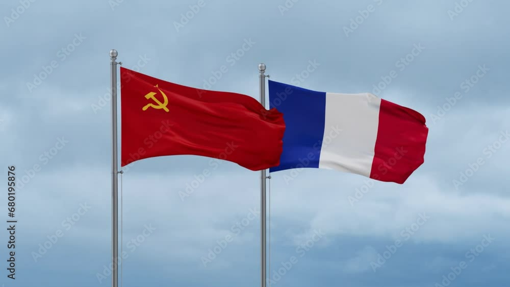 France and Soviet Union or USSR flags waving together on cloudy sky, endless seamless loop, two country relations concept France and Soviet Union or USSR flags waving together on cloudy sky, endless seamless loop, two country relations concept