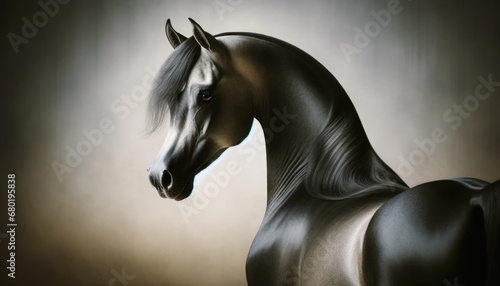 Elegant Arabian horse with distinctive head shape and high tail carriage, in a natural setting.

