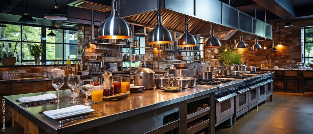 Interior of a restaurant kitchen featuring equipment .