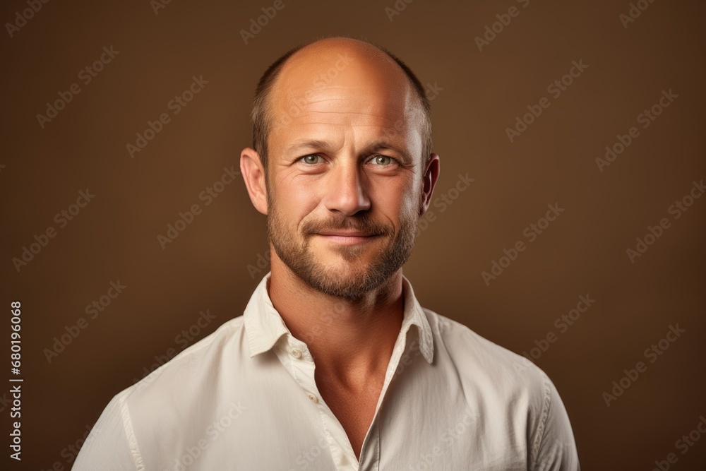 Fototapeta premium Portrait of a satisfied man in his 40s wearing a simple cotton shirt against a soft brown background. AI Generation
