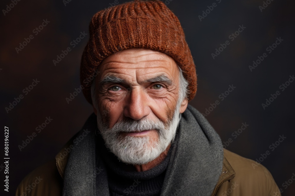 Portrait of a tender man in his 80s donning a warm wool beanie against a soft brown background. AI Generation Portrait of a tender man in his 80s donning a warm wool beanie against a soft brown background. AI Generation