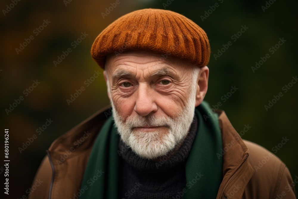 Portrait of a tender man in his 80s donning a warm wool beanie against a soft brown background. AI Generation Portrait of a tender man in his 80s donning a warm wool beanie against a soft brown background. AI Generation