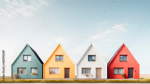Four simple houses next to each other. Street view of multiple colorful  wooden buildings. © graja