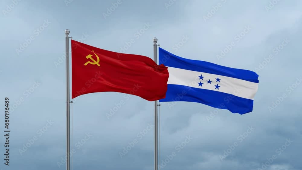 Honduras flag and Soviet Union or USSR flag waving together on cloudy sky, endless seamless loop, two country relations concept Honduras flag and Soviet Union or USSR flag waving together on cloudy sky, endless seamless loop, two country relations concept