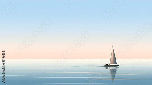 Ephemeral Voyage: Abstract Sailboat Drifting on a Calm Ocean with Gentle Blue and Pink Undertones
