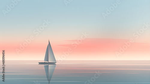 Sailing Serenity: Abstract Sailboat Gracefully Gliding on a Calm Ocean with Subtle Blue and Pink Hues