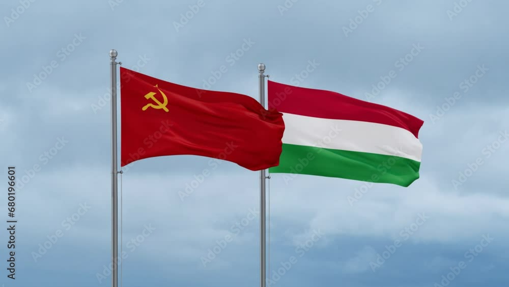 Hungary flag and Soviet Union or USSR flag waving together on cloudy sky, endless seamless loop, two country relations concept Hungary flag and Soviet Union or USSR flag waving together on cloudy sky, endless seamless loop, two country relations concept