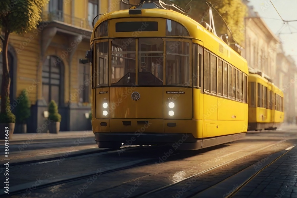 Light rail yellow tram in the city center in soft sunny background. AI generated