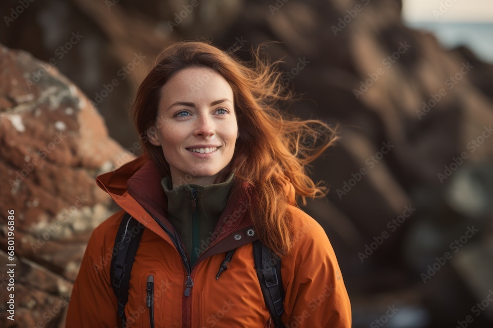 Portrait of a blissful woman in her 30s donning a durable down jacket against a rocky cliff background. AI Generation Portrait of a blissful woman in her 30s donning a durable down jacket against a rocky cliff background. AI Generation