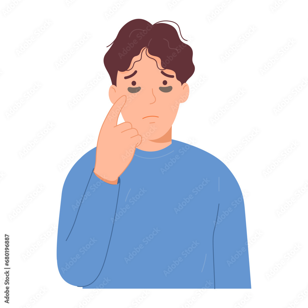 Man who don't get enough rest cause dark circles under their eyes. Vector male character is not bright from lack of sleep and staying up late. Man who don't get enough rest cause dark circles under their eyes. Vector male character is not bright from lack of sleep and staying up late.