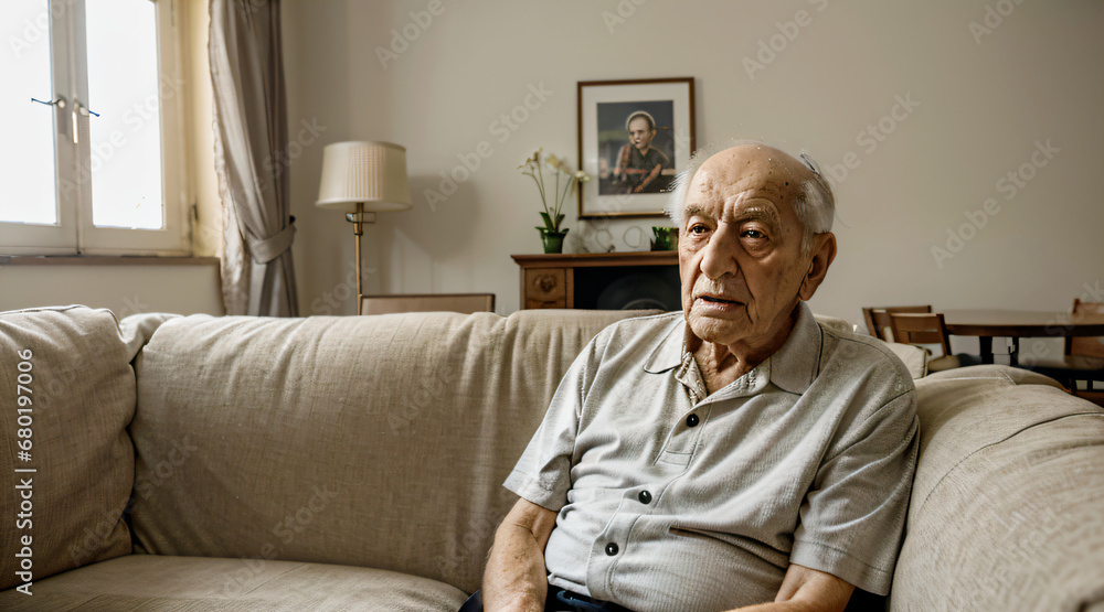 Senior man sitting on sofa in the retirement house Senior man sitting on sofa in the retirement house
