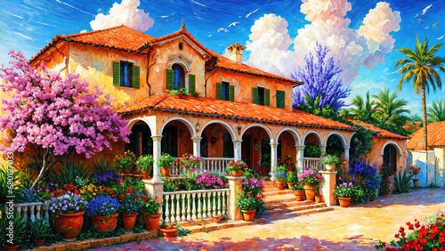 Beautiful house surrounded by flowers, mediterranean architecture oil painting on canvas. photo