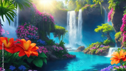 Paradise landscape with beautiful  gardens, waterfalls and flowers, magical idyllic background with many flowers in eden. © Cobalt
