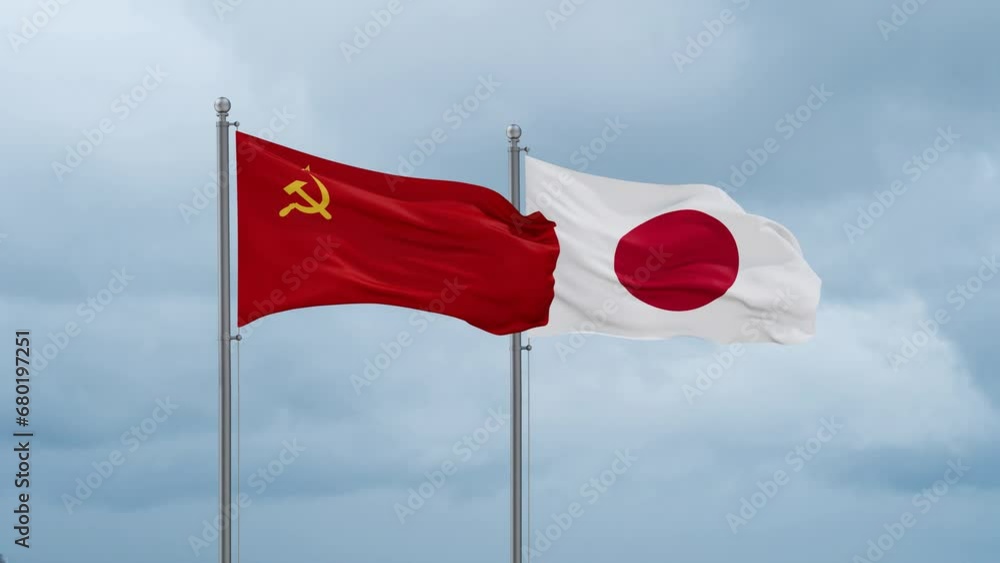 Japan flag and Soviet Union or USSR flag waving together on cloudy sky, endless seamless loop, two country relations concept Japan flag and Soviet Union or USSR flag waving together on cloudy sky, endless seamless loop, two country relations concept