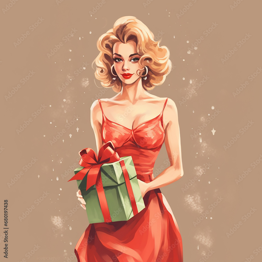 Beautiful young woman in red dress with gift box. Vector style illustration. Beautiful young woman in red dress with gift box. Vector style illustration.