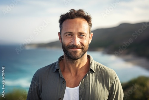 Portrait of a jovial man in his 40s wearing a simple cotton shirt against a serene seaside background. AI Generation