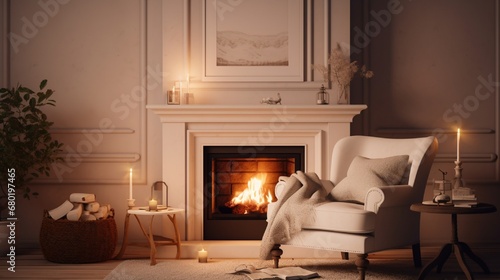 A white frame hanging on a wall in a cozy living room with a fireplace, soft lighting, and a plush armchair.