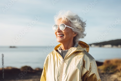 Portrait of a satisfied woman in her 80s wearing a lightweight packable anorak against a serene seaside background. AI Generation
