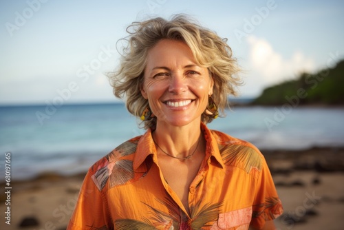 Portrait of a joyful woman in her 50s sporting a vented fishing shirt against a tropical island background. AI Generation photo