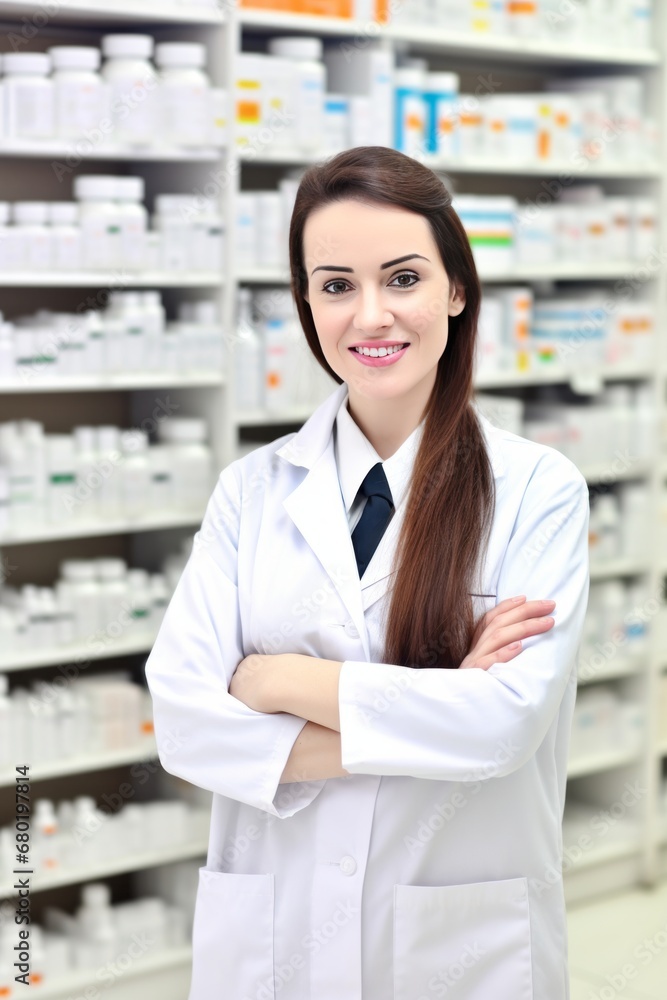 Professional Female pharmacist Wearing white medical Lab Coat in pharmacy. Druggist in Drugstore Store with Shelves Health Care Products
