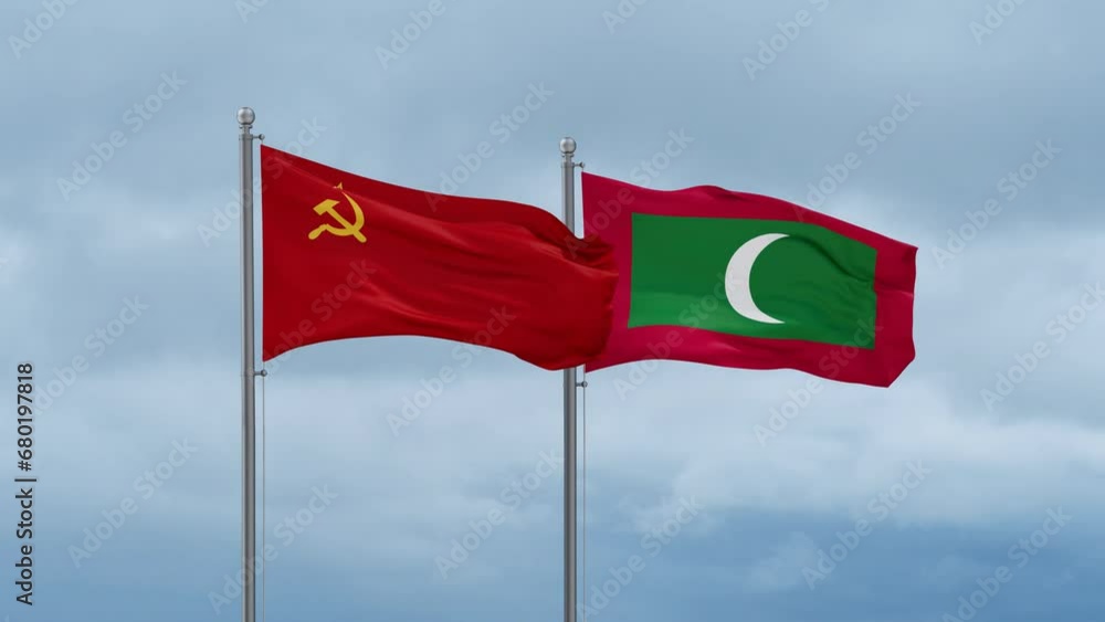 Maldives flag and Soviet Union or USSR flag waving together on cloudy sky, endless seamless loop, two country relations concept Maldives flag and Soviet Union or USSR flag waving together on cloudy sky, endless seamless loop, two country relations concept