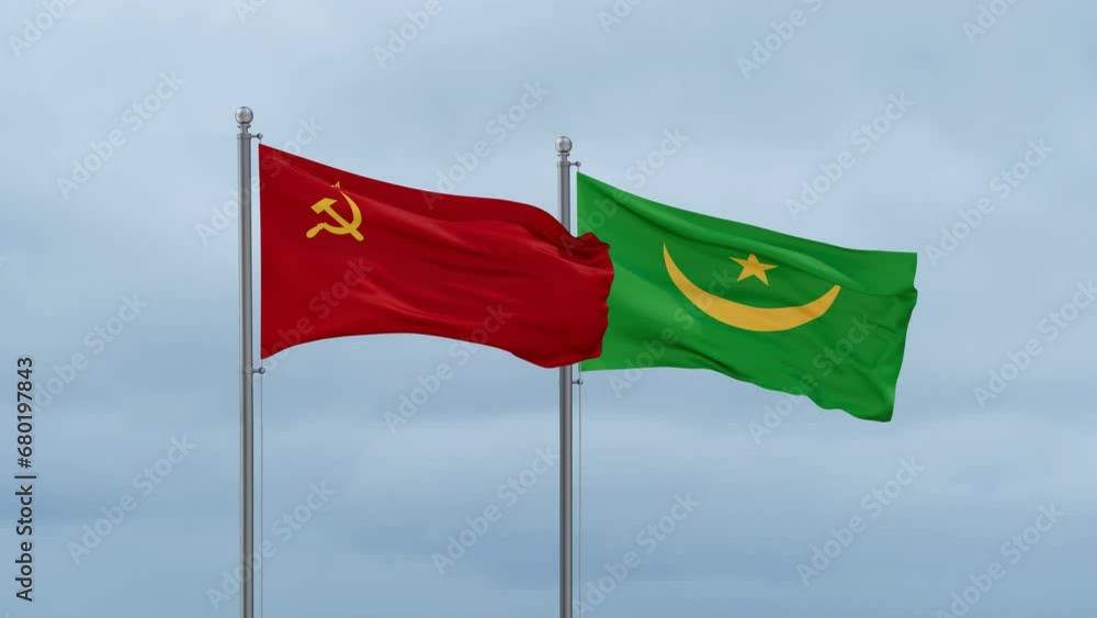 Mauritania flag and Soviet Union or USSR flag waving together on cloudy sky, endless seamless loop, two country relations concept Mauritania flag and Soviet Union or USSR flag waving together on cloudy sky, endless seamless loop, two country relations concept
