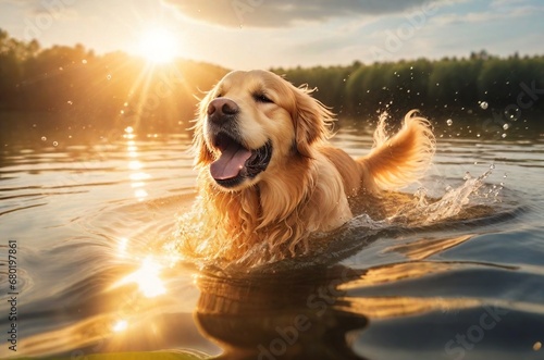 Golden retriever swims in the lake on soft sunny background. Happy healthy dog's life concept. AI generated photo