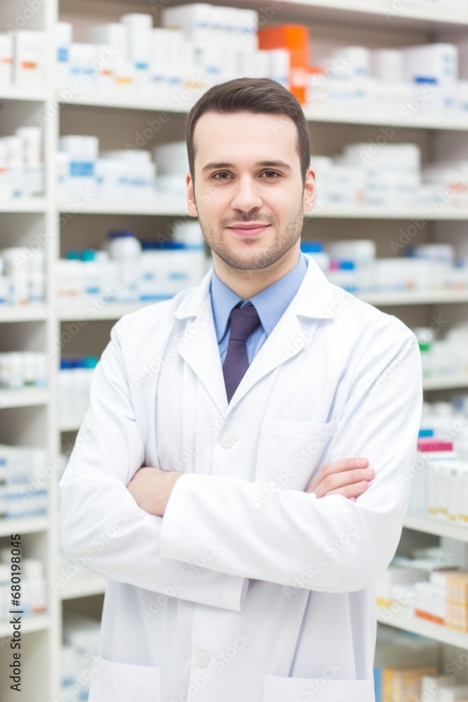 Professional Male pharmacist Wearing white medical Lab Coat in pharmacy. Druggist in Drugstore Store with Shelves Health Care Products