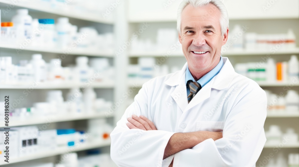 Professional Male pharmacist Wearing white medical Lab Coat in pharmacy. Druggist in Drugstore Store with Shelves Health Care Products - obrazy, fototapety, plakaty 