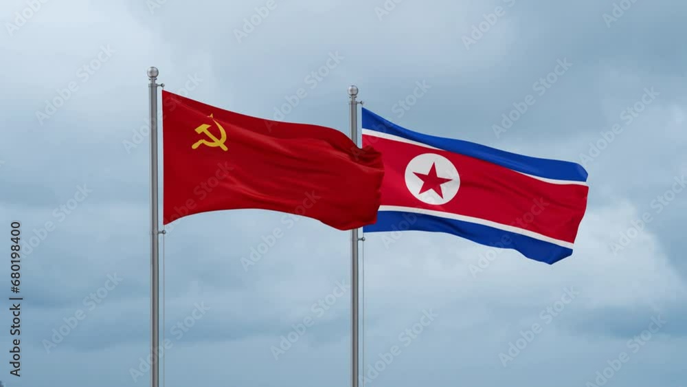 North Korea and Soviet Union or USSR flag waving together on cloudy sky, endless seamless loop North Korea and Soviet Union or USSR flag waving together on cloudy sky, endless seamless loop