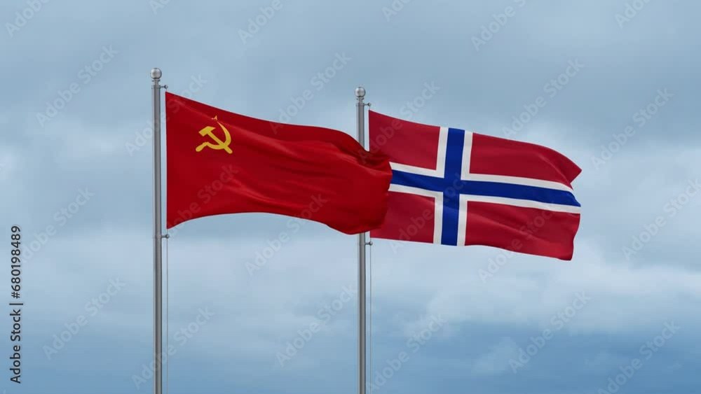 Norway flag and Soviet Union or USSR flag waving together on cloudy sky, endless seamless loop, two country relations concept Norway flag and Soviet Union or USSR flag waving together on cloudy sky, endless seamless loop, two country relations concept