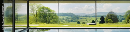 Interior of modern open space with big windows  sliding doors and view of green landscape