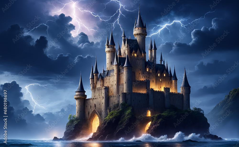 Fototapeta premium A house on a cliff in the middle of the ocean. Storm. Fantastic landscape. AI