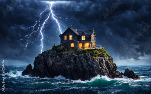 A house on a cliff in the middle of the ocean. Storm. Fantastic landscape. AI
