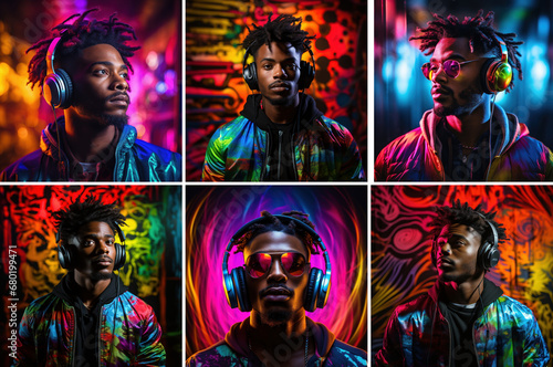 Portrait of men African in headphones listening to music on a neon background.