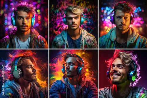 Portrait of european men, different hair colors in headphones listening to music on neon background.