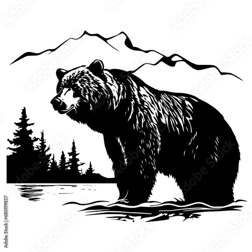 Grizzly Bear Fishing in the Wild Vector Illustration