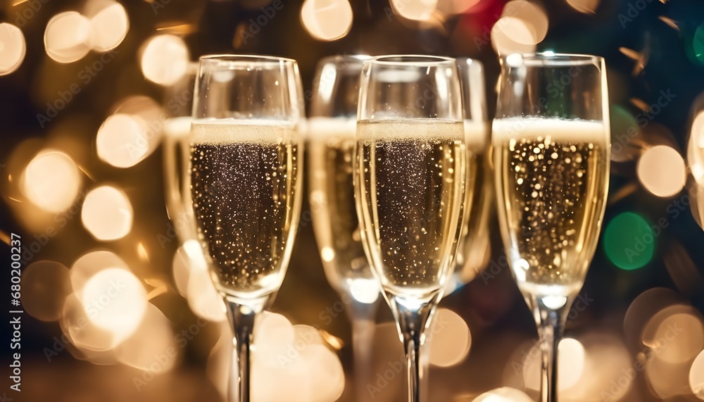 essence of New Year's Eve with a close-up shot of sparkling champagne glasses against a backdrop of festive lights. essence of New Year's Eve with a close-up shot of sparkling champagne glasses against a backdrop of festive lights.