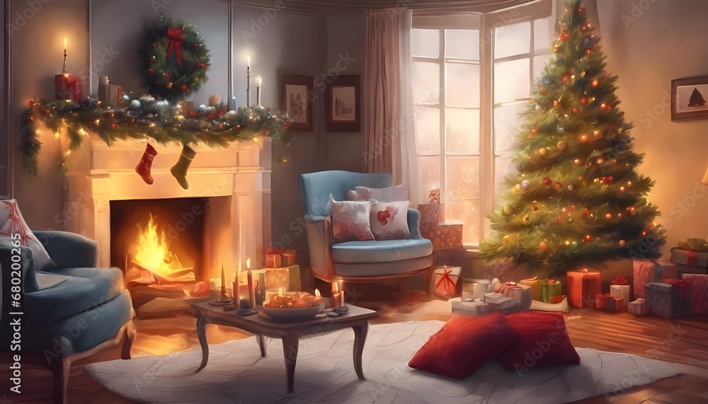 christmas decorated living room with decorated christmas tree, cozy blankets and pillows, fireplace warm lights, high detail christmas decorated living room with decorated christmas tree, cozy blankets and pillows, fireplace warm lights, high detail